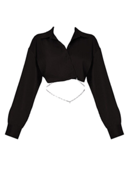 Black Satin High-end Waist Chain Shirt Jacket + Irehem Asymmetric Cami Dress