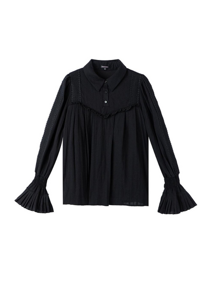 French Retro Pleated Bell Sleeve Textured Blouse