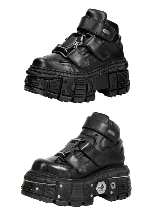 Dark punk style platform leather metal high top shoes [with plain chain nut].