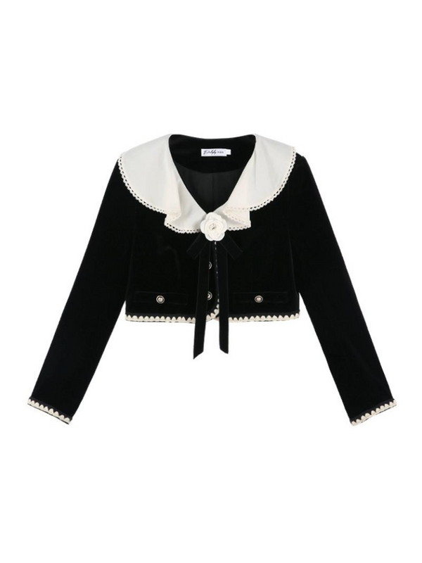 Rose Ribbon Black Velvet Stitch Short Jacket + Long Skirt