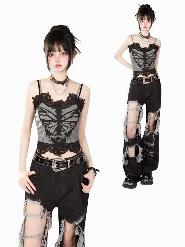 Skull Butterfly Print Lace Camisole Top