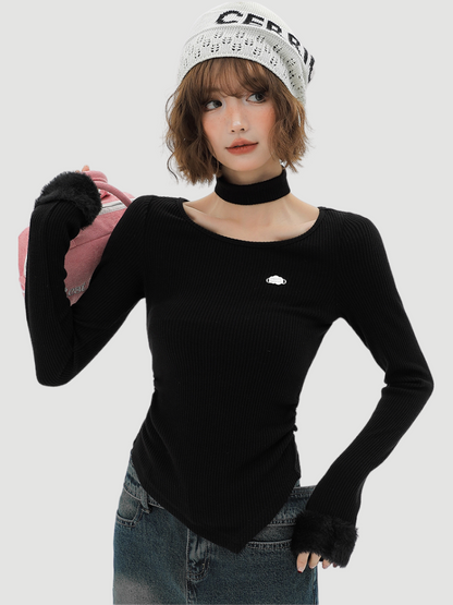 Fur Sleeve Mode Slim Long T + Neck Collar