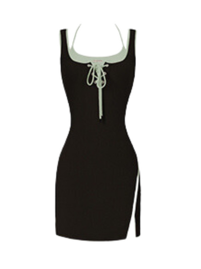 American Retro Halter Cami &amp; Square Color Slit Ribbon Tight Dress Setup