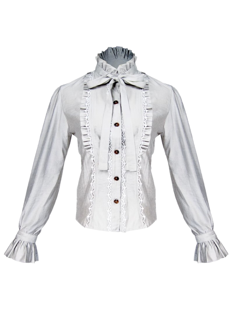 Steam Beige Gray Striped Lace Stand Collar Vintage Cotton Shirt