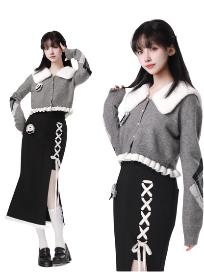 Rabbit Far Color Pearl Buckle Frilling Short Cardigan + Mermaid Slit Skirt