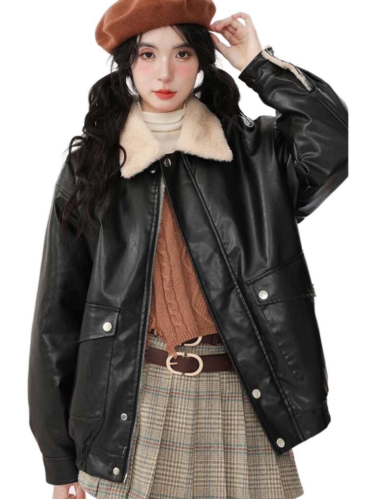 New Retro Loose Fleece Faux Leather Lamb Wool Jacket