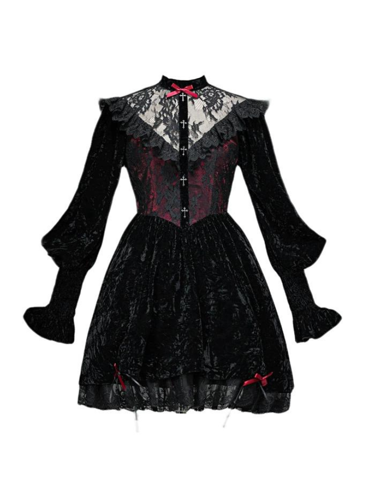Rose Cemetery Gothic Dark Red Velvet Puff Sleeve Lace Dress Belchic Rose Cemetery Gothic Dark Red Velvet Puff Sleeve Lace Dress Belchic