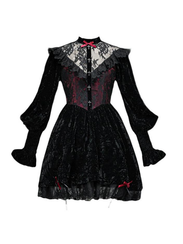 Rose Cemetery Gothic Dark Red Velvet Puff Sleeve Lace Dress