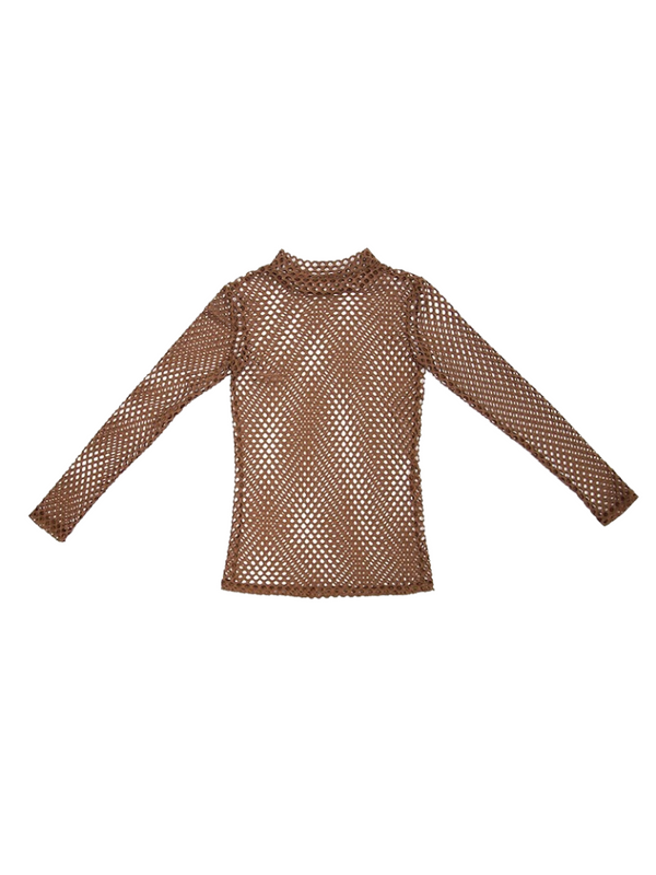 Steam Continental High Neck Light Brown Diamond Knit Mesh Sheer Shirt