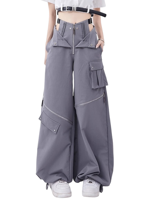 Pantalon à cordon de serrage rétro gris à poche zippée et à deux ans d'usure