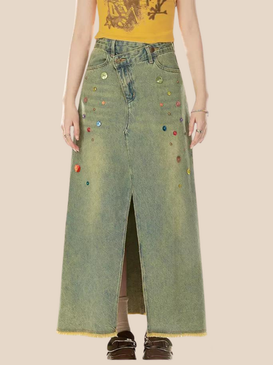 11SH97 denim skirt women's spring/summer new design sense color sequins slim slit raw edge skirt