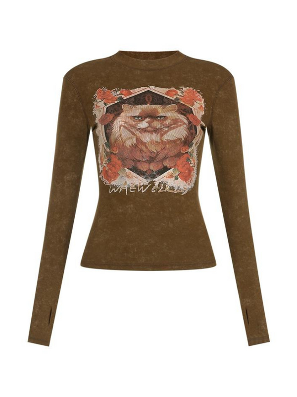 レトロキャットプリントバティックスリムロンT