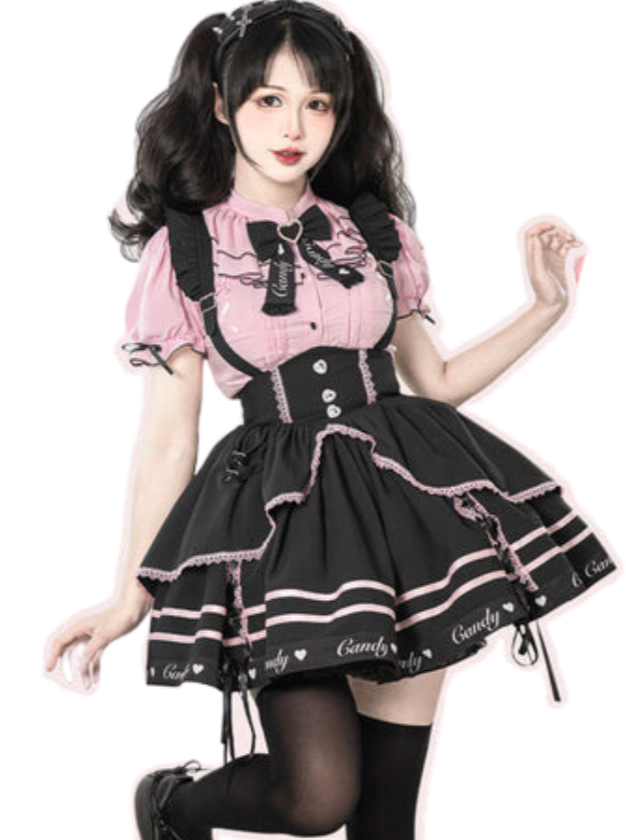 Berry Fleur Sweetgall Blouse Black Pink Suspender Dress Set