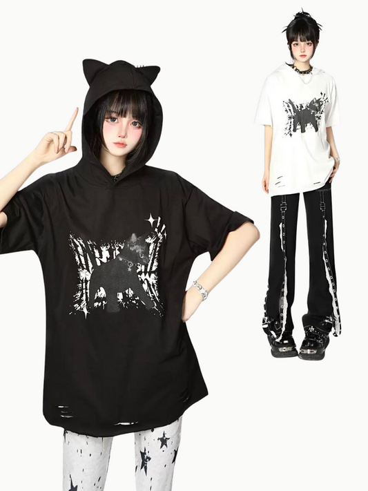 KNOW8 Original 2D Fun Hip Hop Cat Ears Hooded Short Sleeve T-Shirt Men's and Women's Oversize Tops Loose