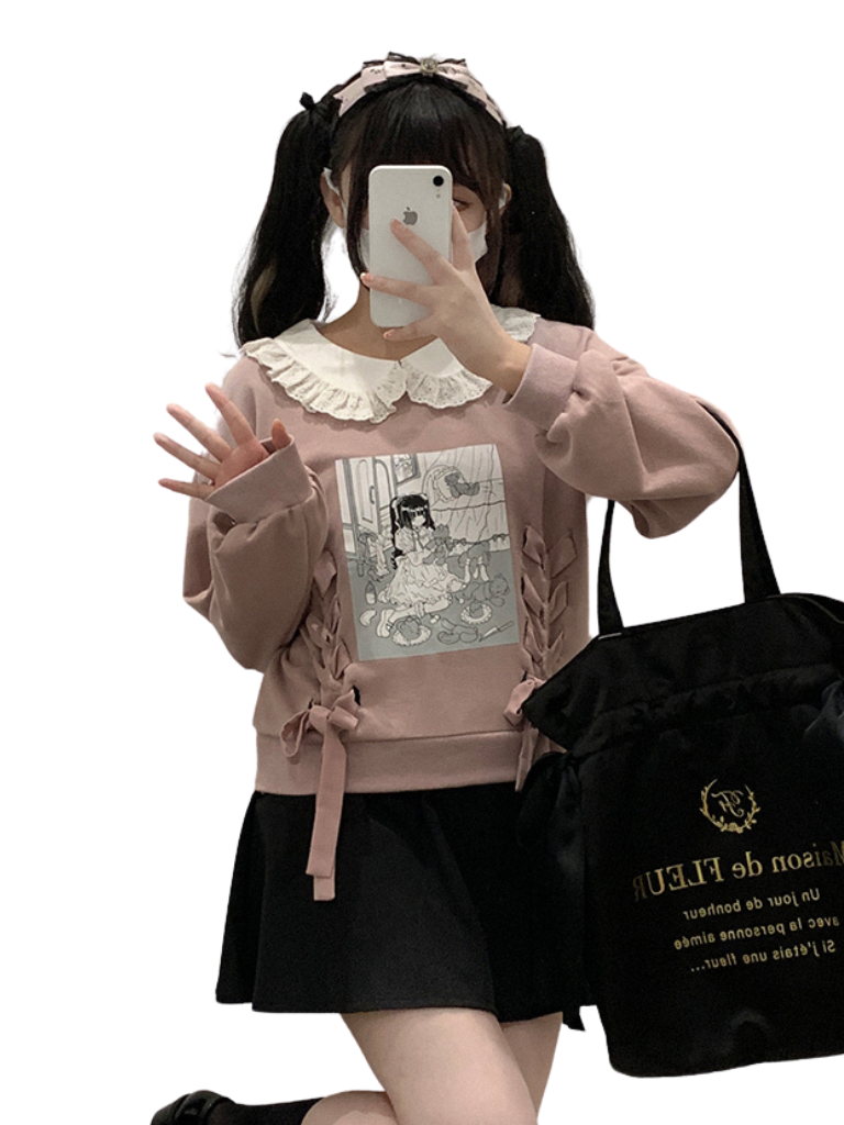 Doll Color Illustration Printed Sweatshirt [Reserved Item].