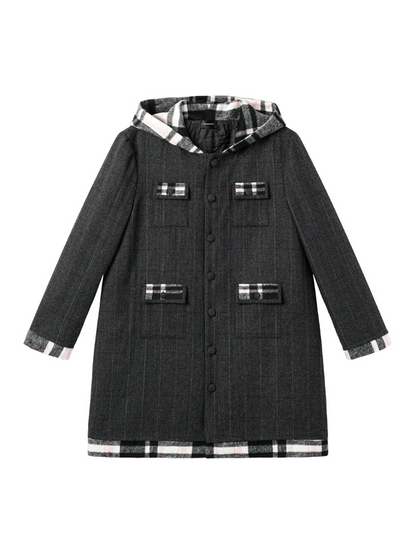 Check Hooded Wool Long Coat