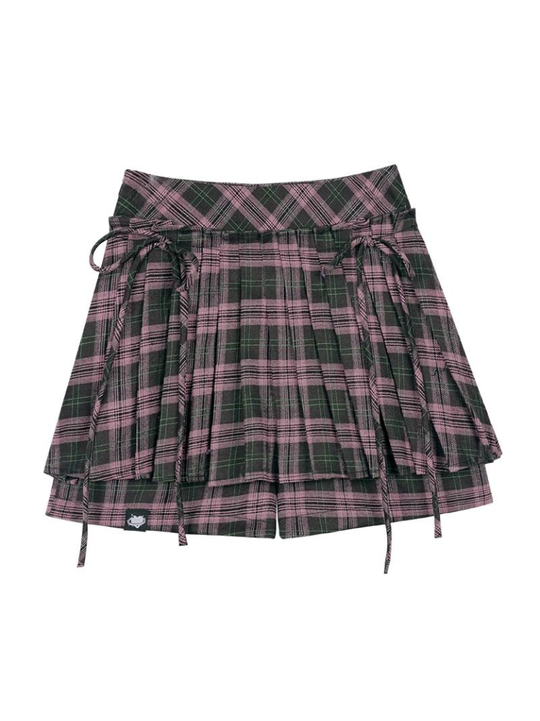 Jupe-culotte plissée à ruban à carreaux rose-noir
