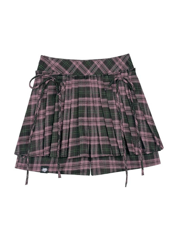 Pink-Black Check Ribbon Pleated Culottes