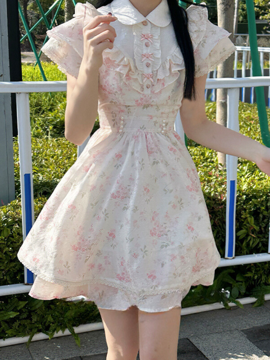 Lala-chan spring crushed original design doll collar pink floral dress small sweet skirt women's summer