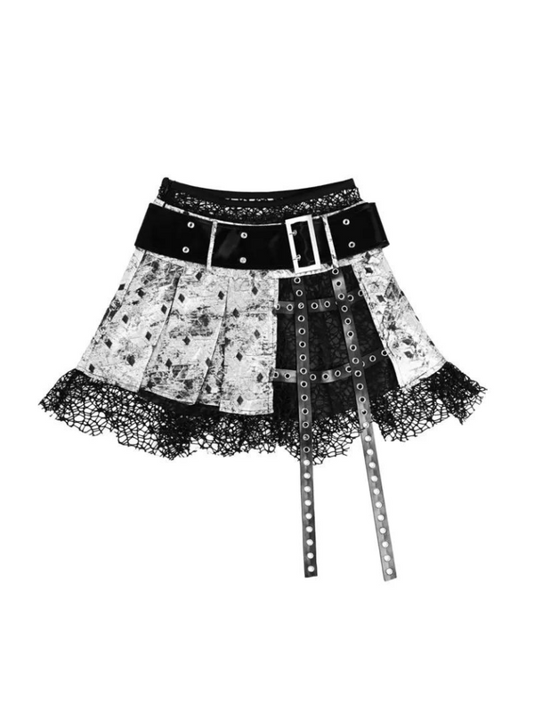 Liquid Invasion Punk PU Fishnet Pleated Goth Miniskirt Culottes