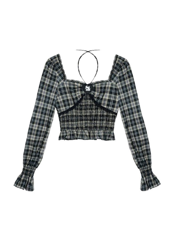 Retro Check Halter Neck Blue Long Sleeve Top