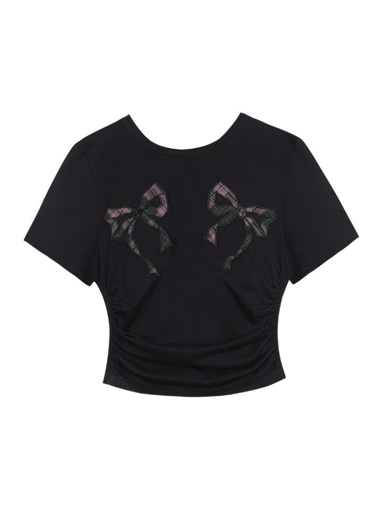 T-shirt court slim à rubans contrastés noir-rose
