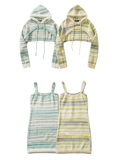 Knit Striped Suspender Skirt + Hooded Jacket Setup