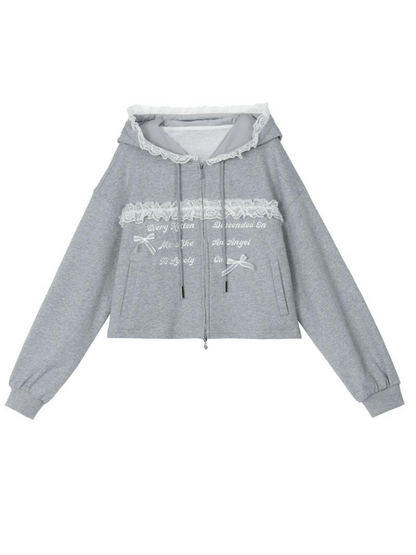 Top à capuche gris brodé de dentelle + jupe longue grise [produit réservé].