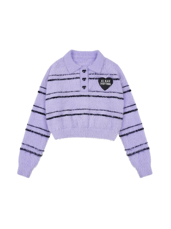 ストライプフェイクミンクニットセーターポロトップ