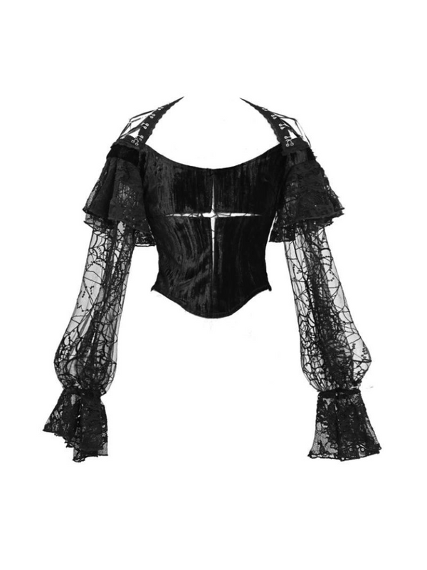 Gothic Cross Velvet Spider Lace Lantern Sleeve Top