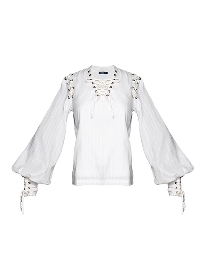 Steampunk Retro V-Neck White Cotton Pullover Shirt