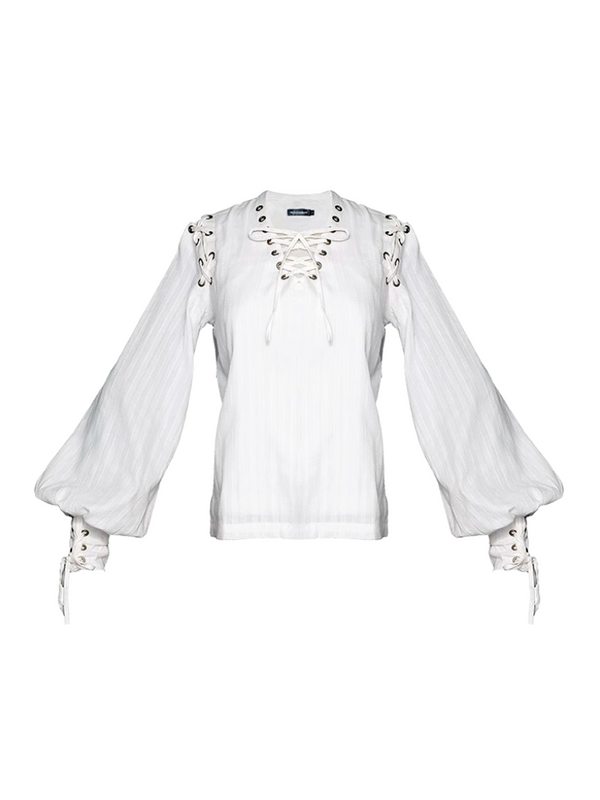 Steampunk Retro V-Neck White Cotton Pullover Shirt