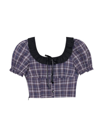 SagiDolls Girl's Fighting Spirit 달콤하고 시원한 프레피 스타일의 보라색 체크무늬 짧은 퍼프 소매 스몰 탑 셔츠 셔츠는 얇고 다재다능한 아이템입니다.