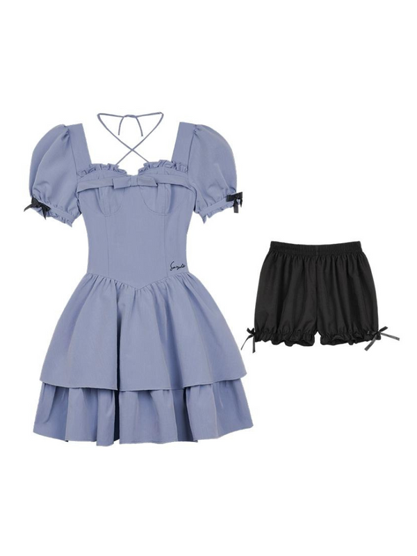 Neck Design Puff Sleeve Design Design Dress + Inner Pants