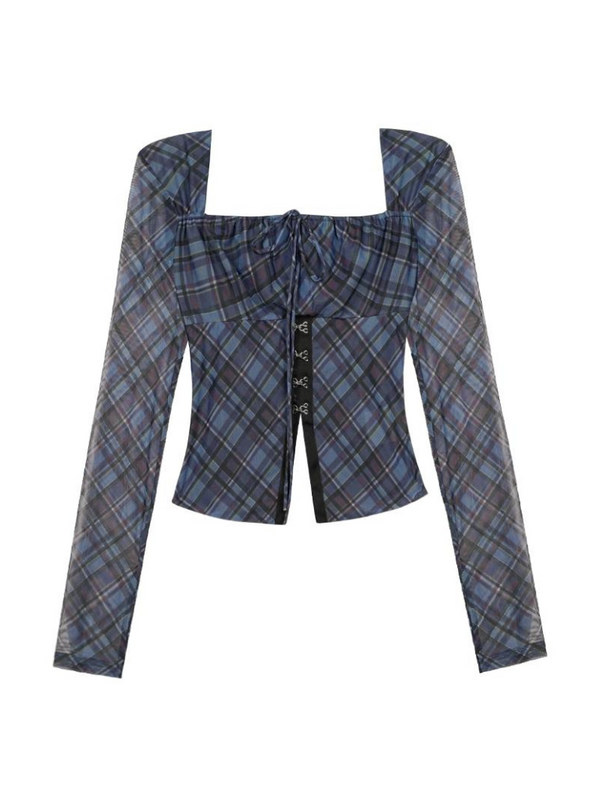 Square Neck Check Slit Tops