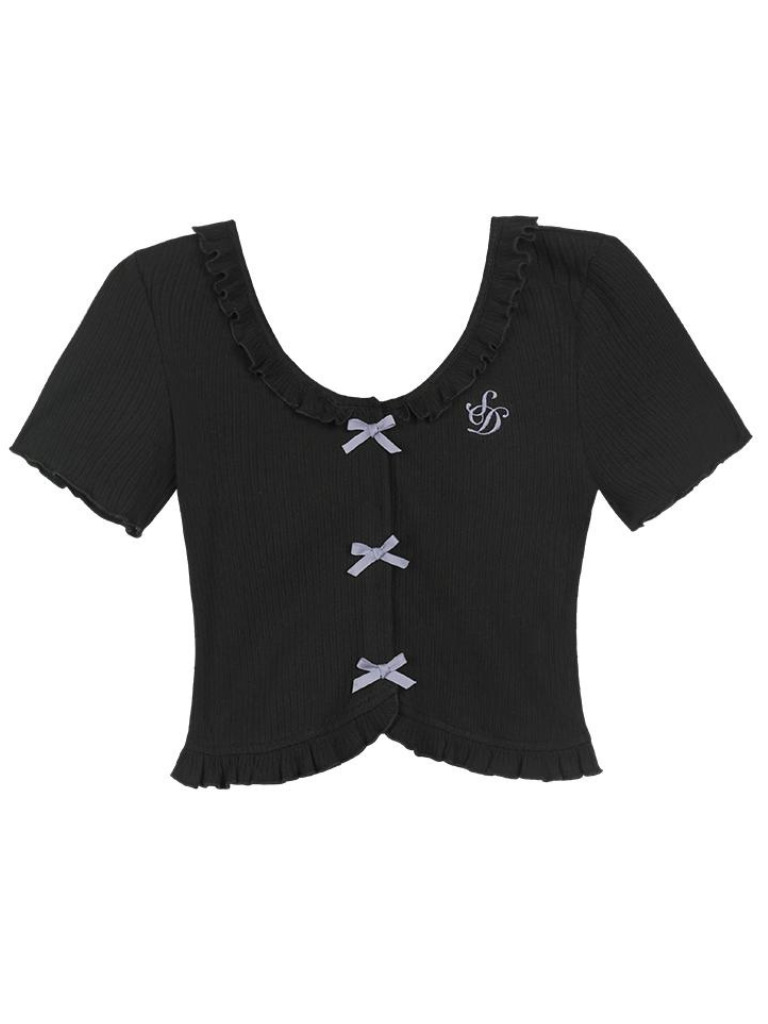 SagiDolls Girl's Fighting Spirit #Crush #Black Bow Cropped Cardigan T-shirt 修身、甜美、百搭