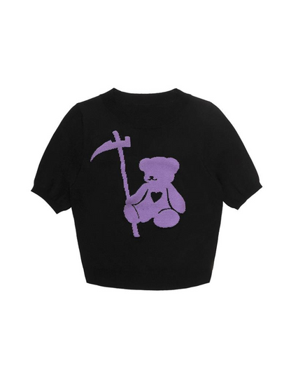 SagiDolls Girl's Fighting Spirit, Black Purple Sweet Cool Bear Ice Silk Short Sleeve Knit Pullover T-shirt is thin, cool and versatile