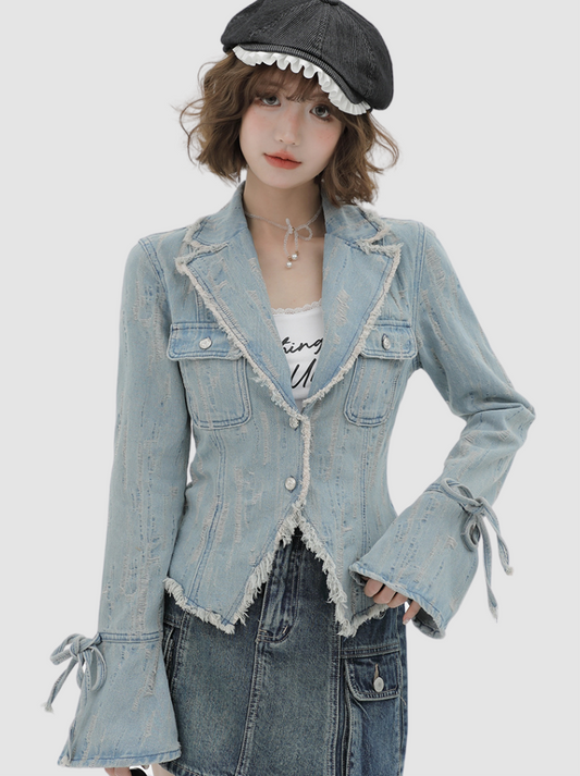 Girlyhalo American Hottie Denim Jacket Female Spring and Autumn Thin Retro Washed Raw Waist Design Shirt