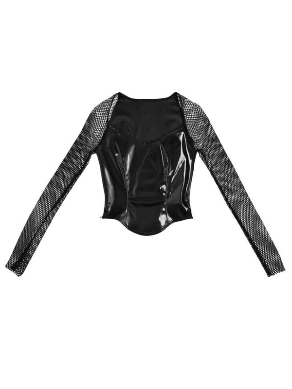 Punk Liquid PU Wing Gothic Mesh Sheer Slim Top