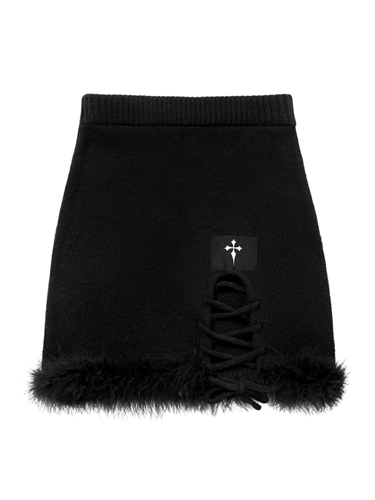 Real Feather Slit Strap Short Skirt