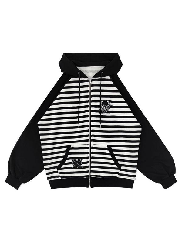 Bicolor Striped Hooded Over Zip-Up Hoodie