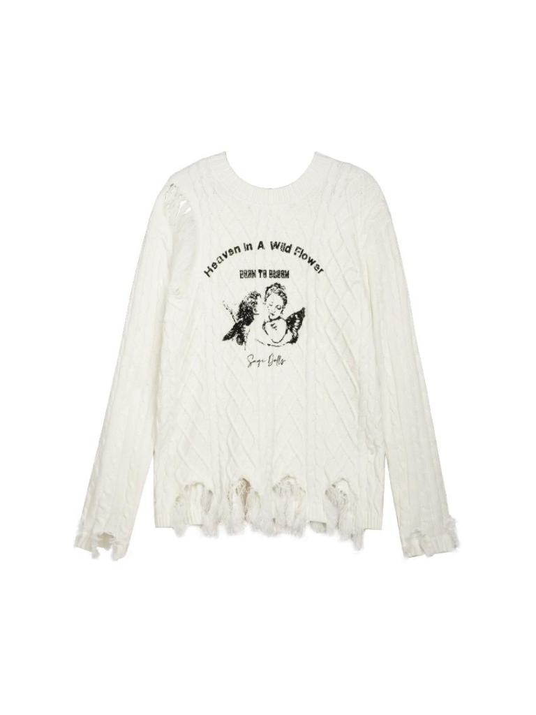 Sweet Cool Milk White Angel Print Damaged Knit