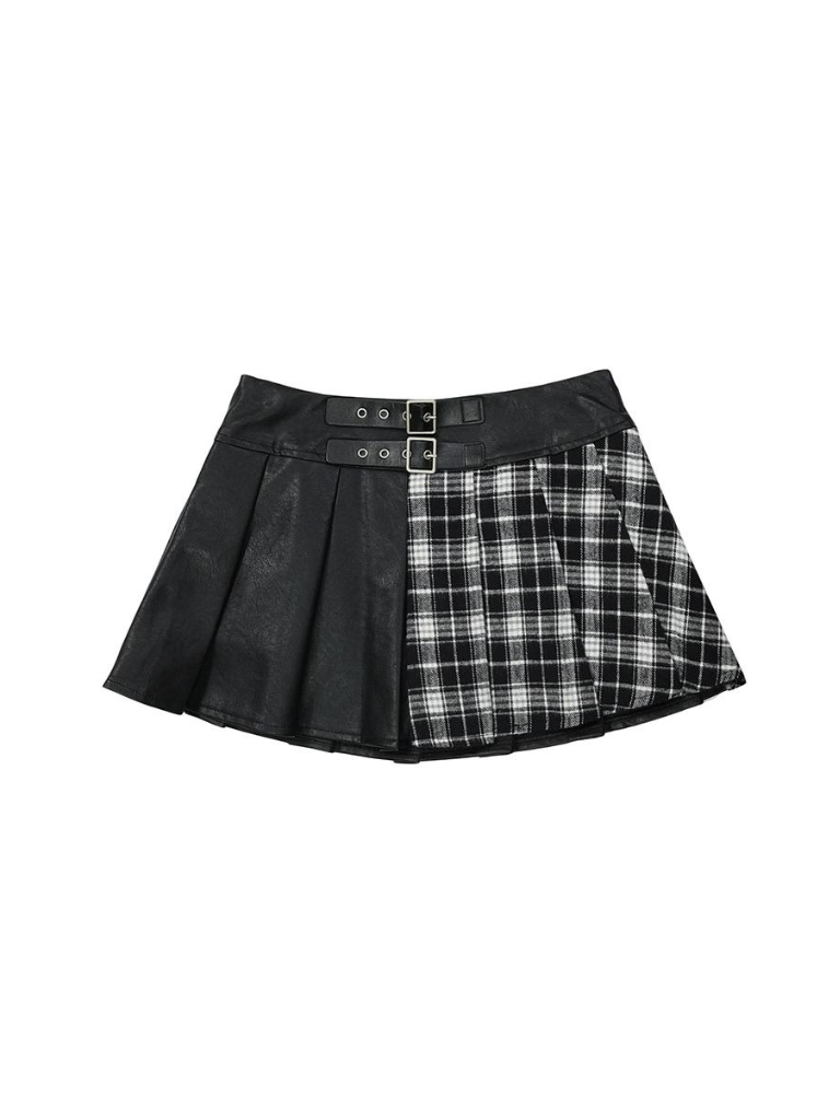 Double-belted Asymmetrical Check Skirt