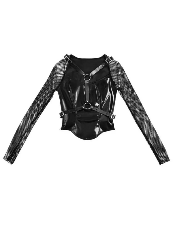 Punk Liquid PU Wing Gothic Mesh Sheer Slim Top