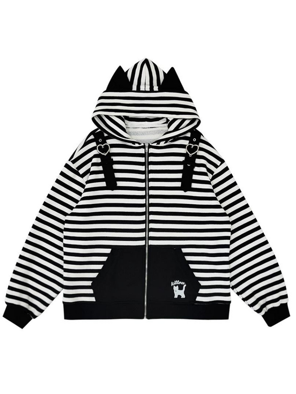 Heavy Cat Hood Heart Belt Zip-Up Hoodie