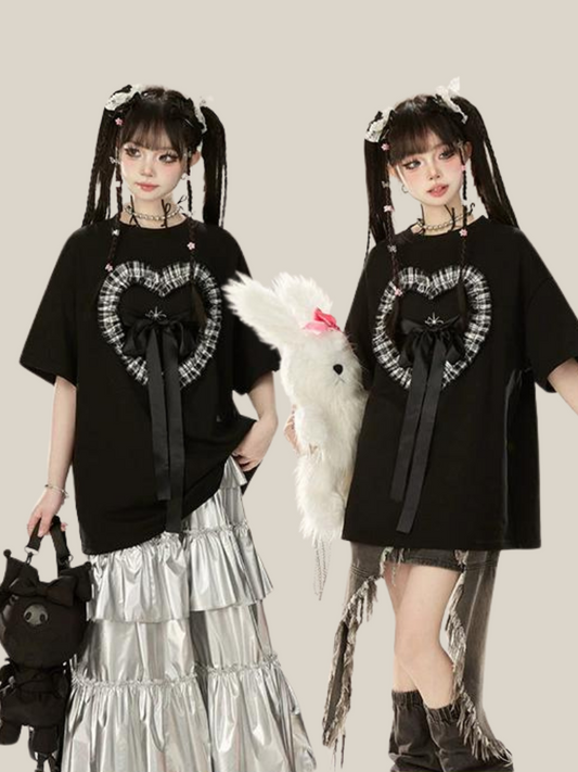 11SH97 Black Love Big T-Shirt Women's Spring Summer Babes Design Sweet Cool Strappy Bow Short Sleeve Top