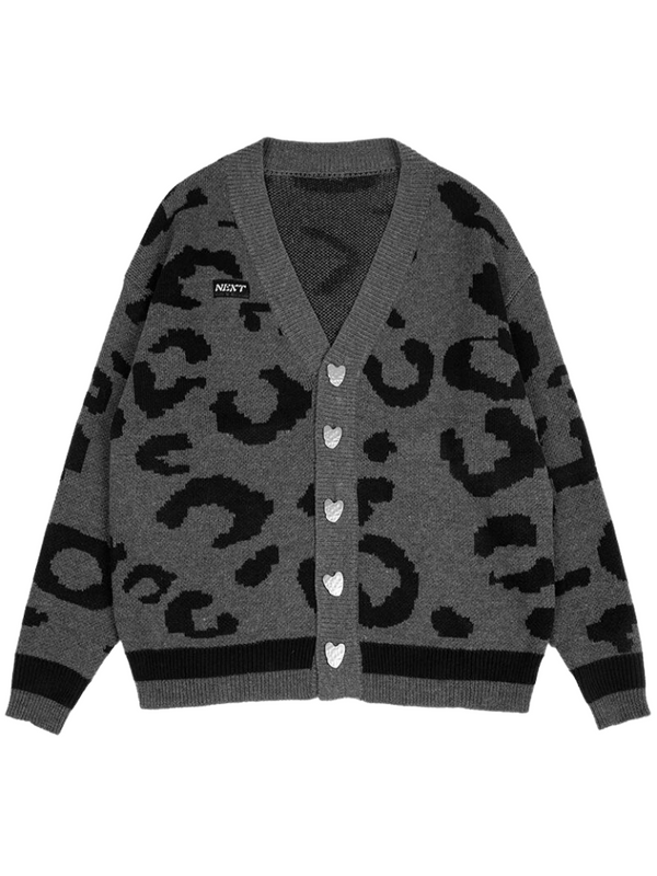 Gray Leopard Loose Knit Sweater Cardigan