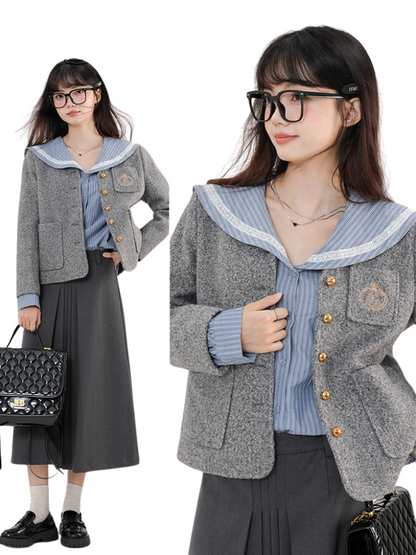 Stylish retro gray boa short jacket + blue striped sailor shirt + gray long skirt