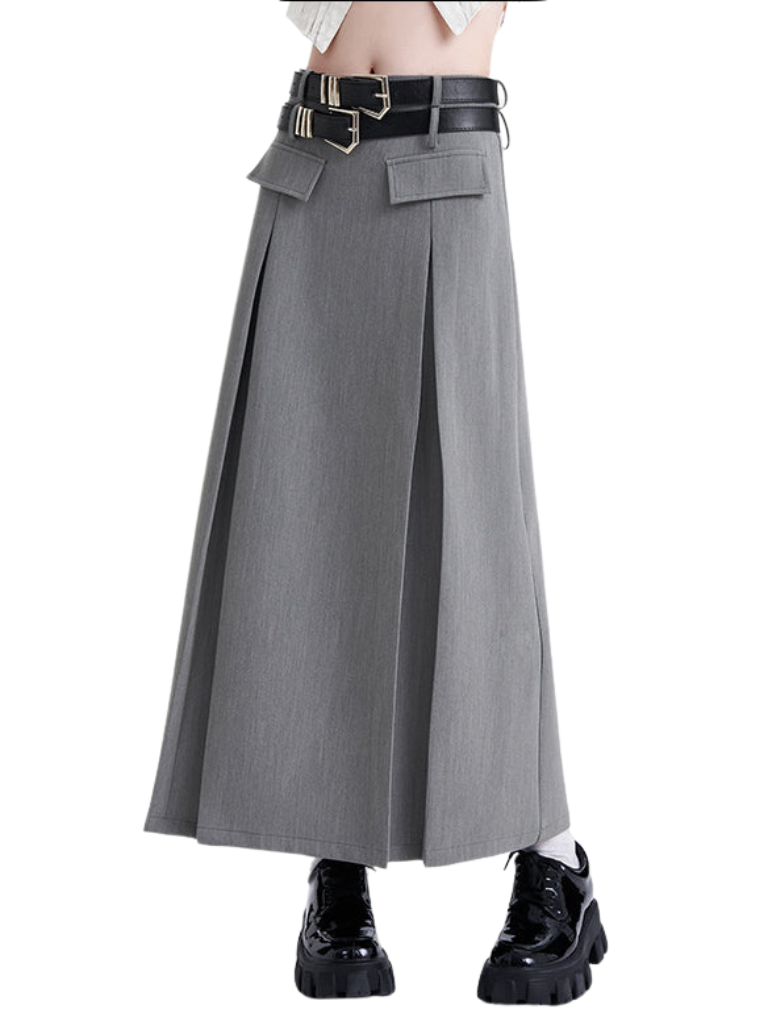 Gray Double Belt I Line Pleat Skirt – Belchic