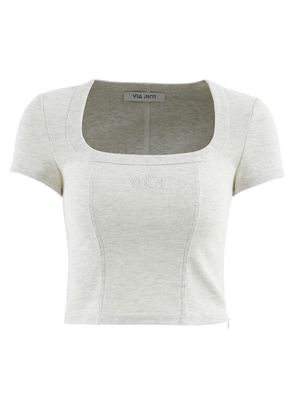 ワッフルスクエアカラースリムフィットトップス